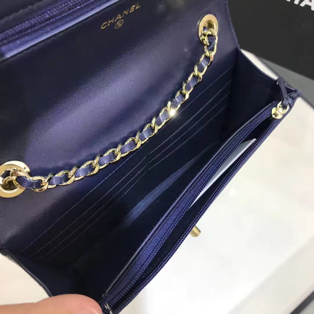 Chanel 香奈儿 WOC 铁片款  19cm 原厂皮小羊皮 宝石蓝 香槟金