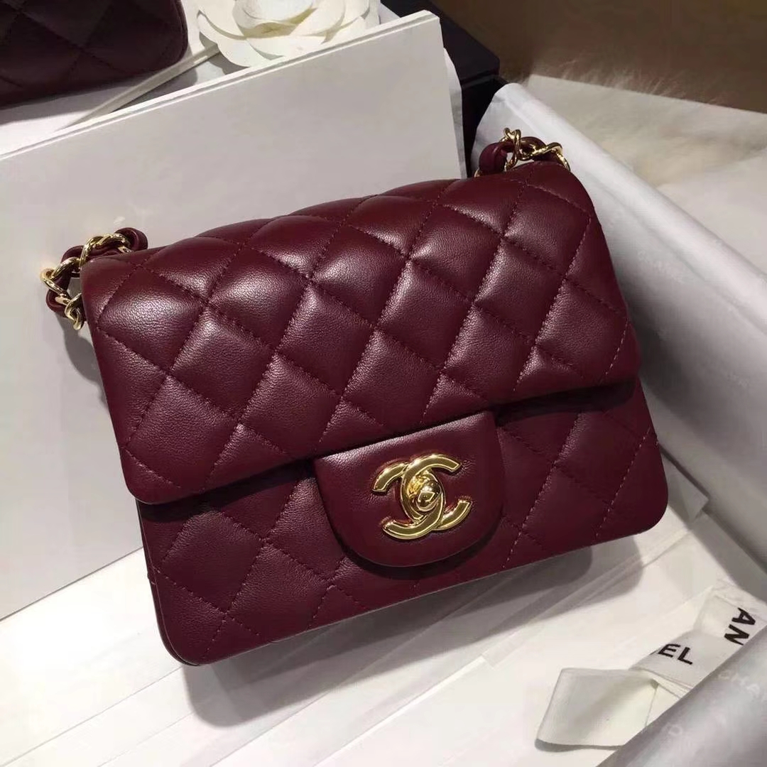 Chanel  香奈儿  Cf系列 17cm 原厂皮 小羊皮 酒红色 金扣