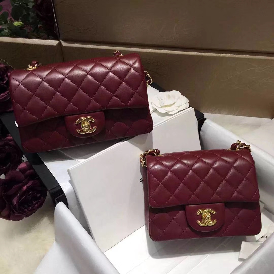 Chanel  香奈儿  Cf系列 17cm 原厂皮 小羊皮 酒红色 金扣