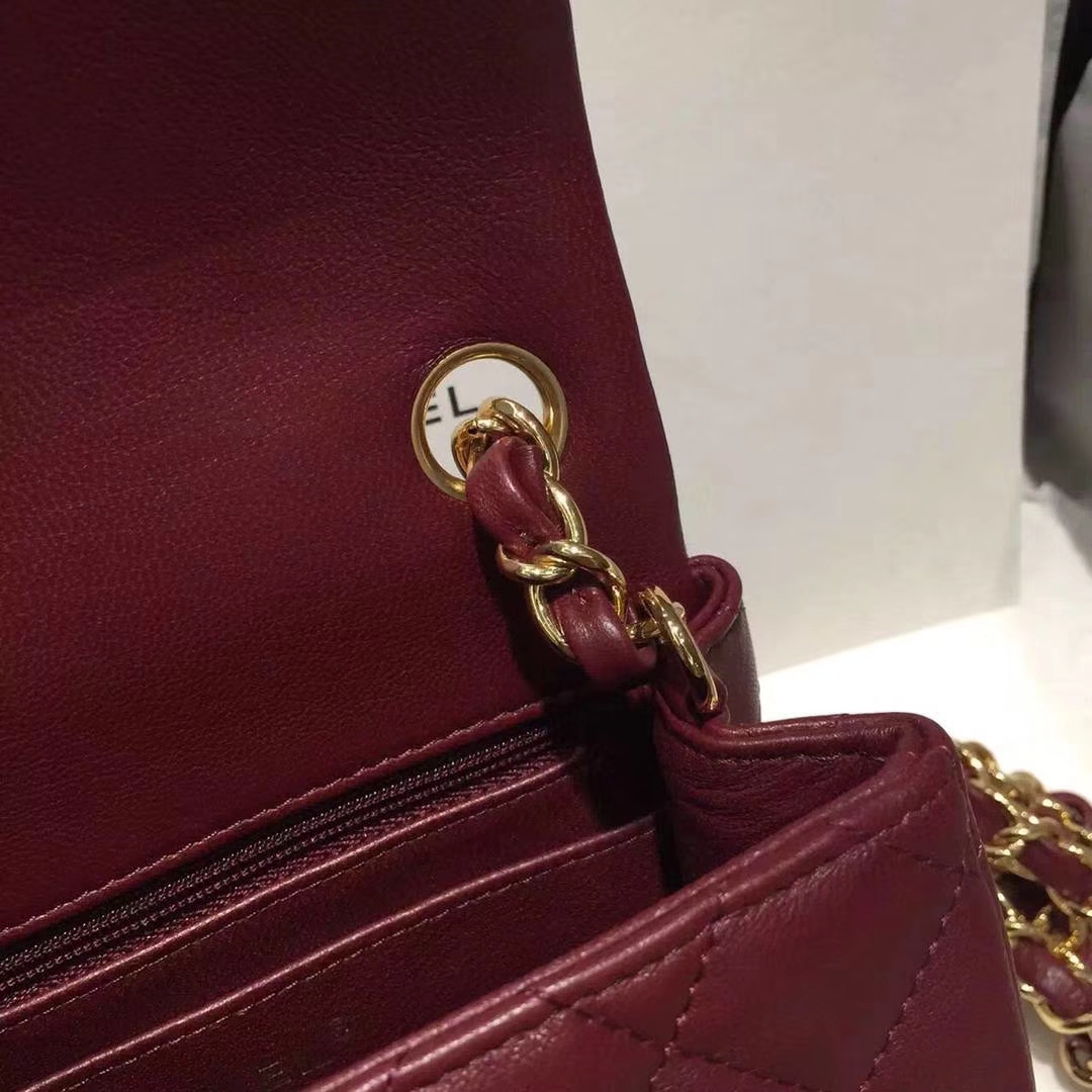 Chanel  香奈儿  Cf系列 17cm 原厂皮 小羊皮 酒红色 金扣