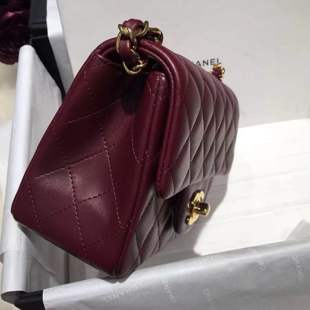 Chanel  香奈儿  Cf系列 17cm 原厂皮 小羊皮 酒红色 金扣