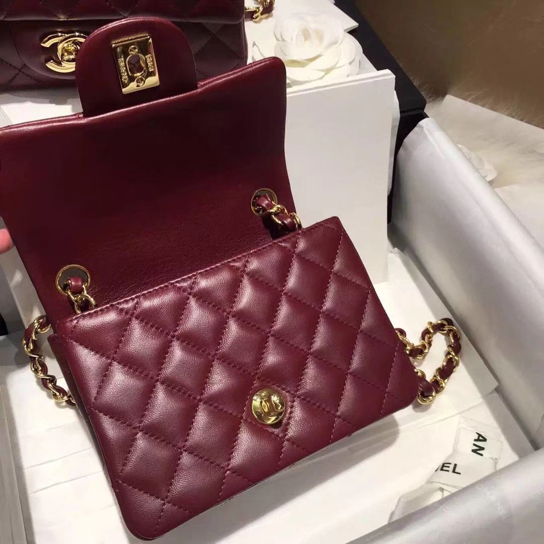 Chanel  香奈儿  Cf系列 17cm 原厂皮 小羊皮 酒红色 金扣