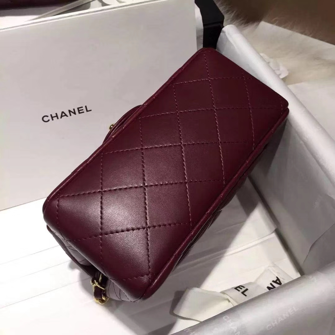 Chanel  香奈儿  Cf系列 17cm 原厂皮 小羊皮 酒红色 金扣