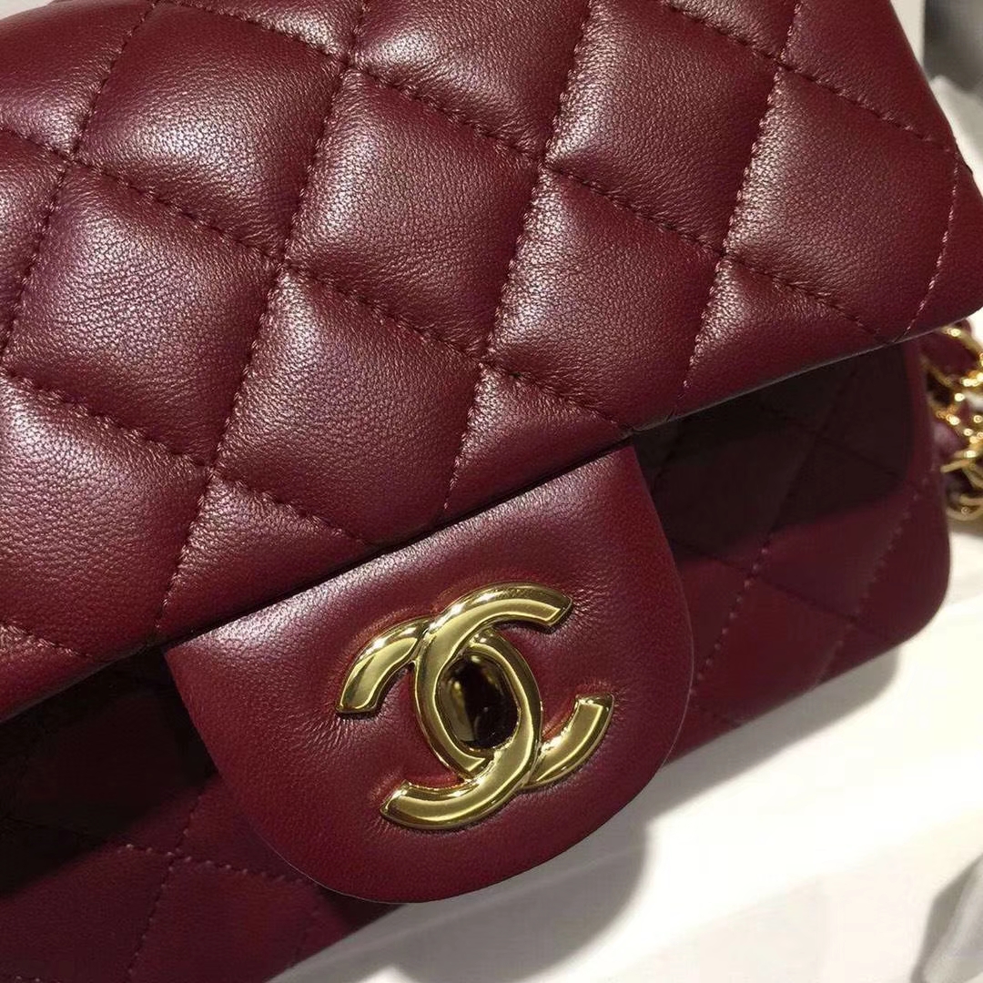 Chanel  香奈儿  Cf系列 17cm 原厂皮 小羊皮 酒红色 金扣