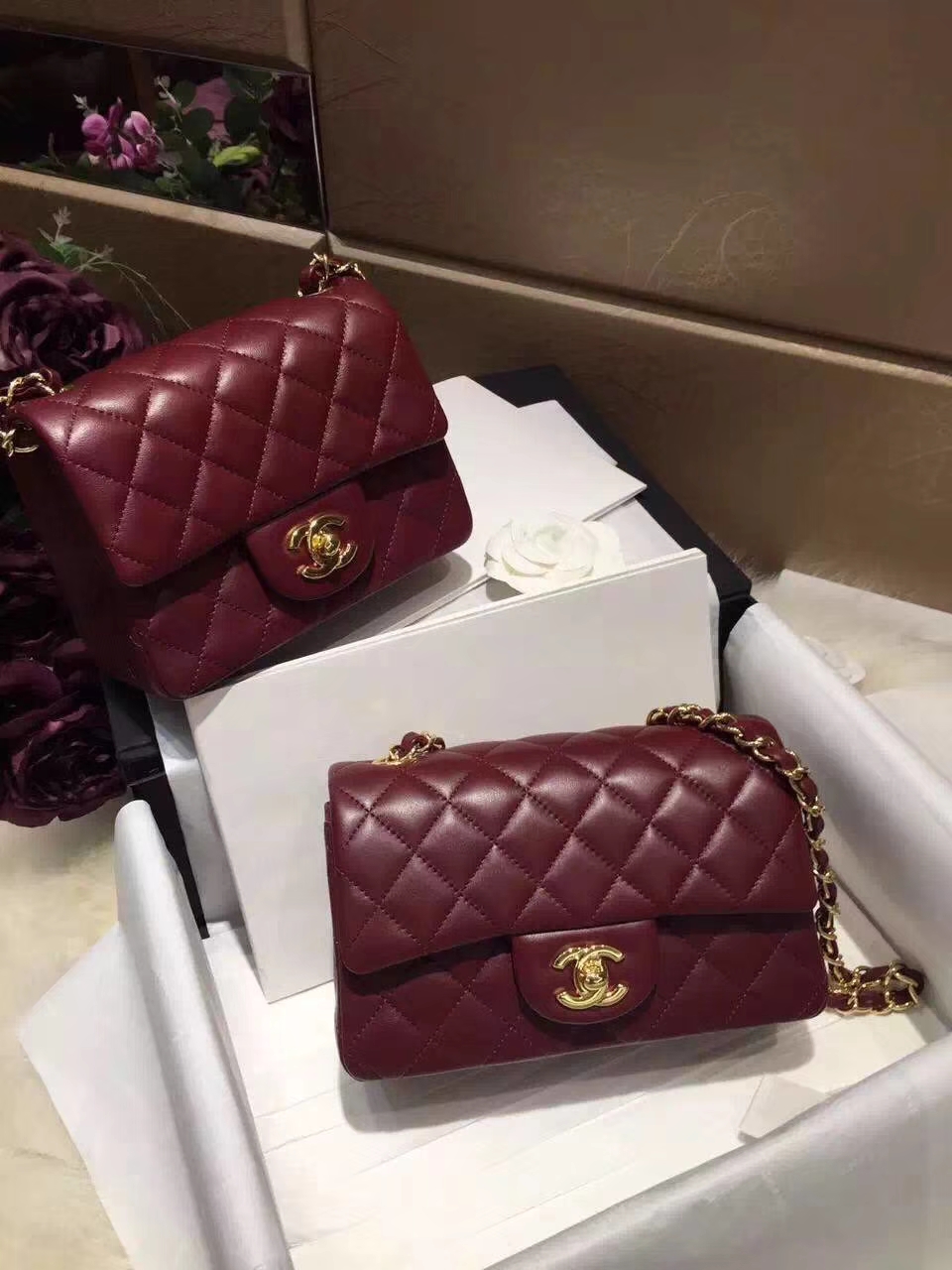 Chanel  香奈儿  Cf系列 17cm 原厂皮 小羊皮 酒红色 金扣