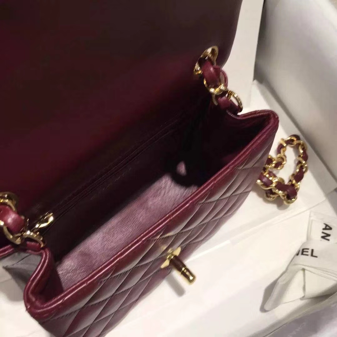 Chanel  香奈儿  Cf系列 17cm 原厂皮 小羊皮 酒红色 金扣