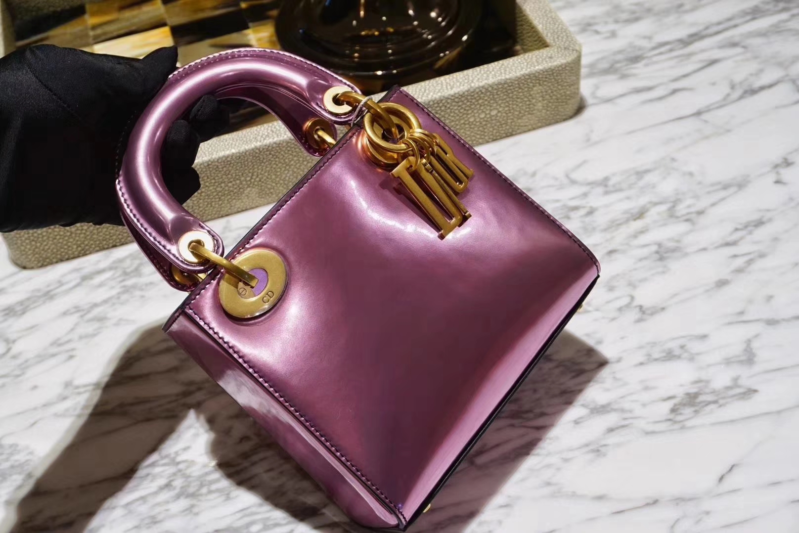 Dior mini 镜面皮 完美出品 金扣 蔷薇玫紫色