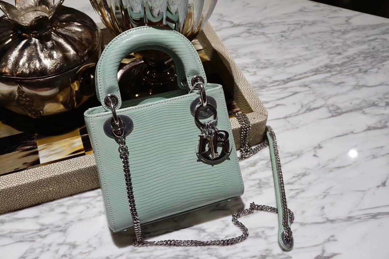 Dior mini 蜥蜴皮 完美出品 金扣 清新薄荷绿