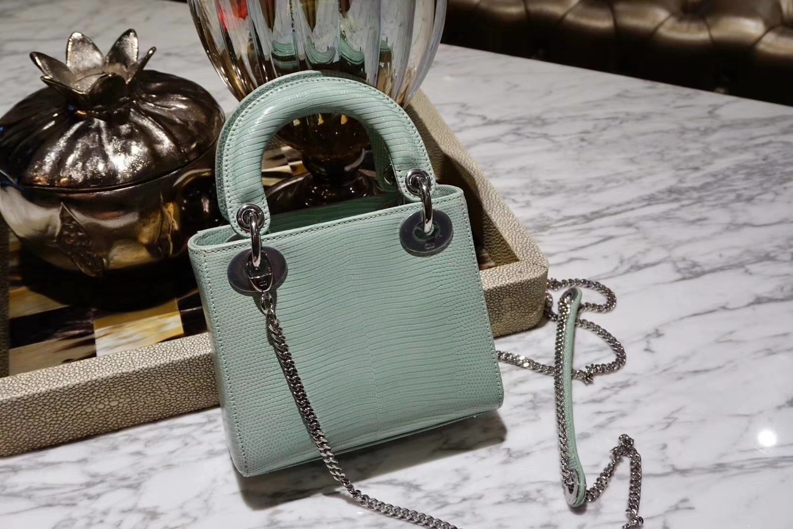 Dior mini 蜥蜴皮 完美出品 金扣 清新薄荷绿