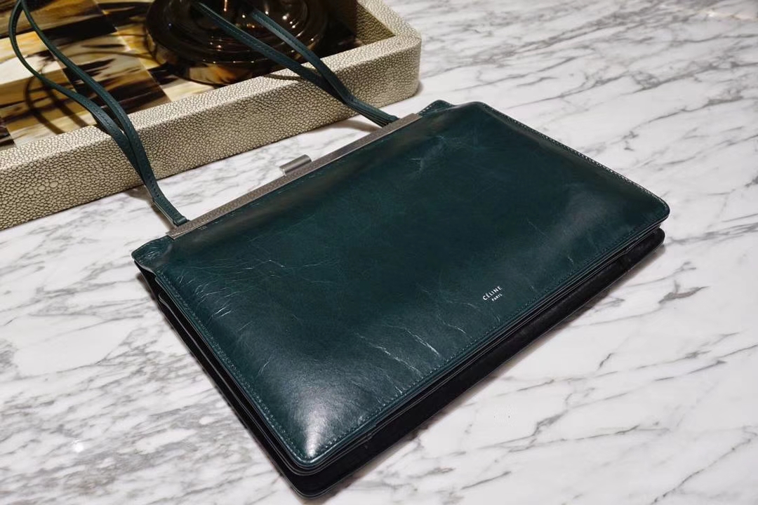 CÉLINE clasp 牛皮油蜡纹  墨绿色 开合包 细肩带