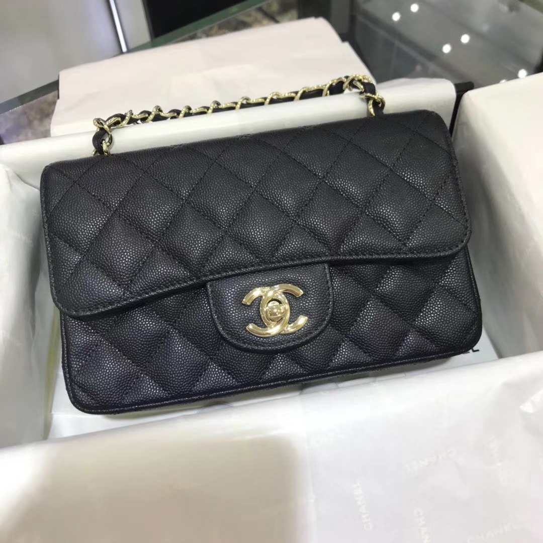 Chanel 香奈儿 CF经典系列  20cm 原厂皮小鱼子酱 黑色 香槟金