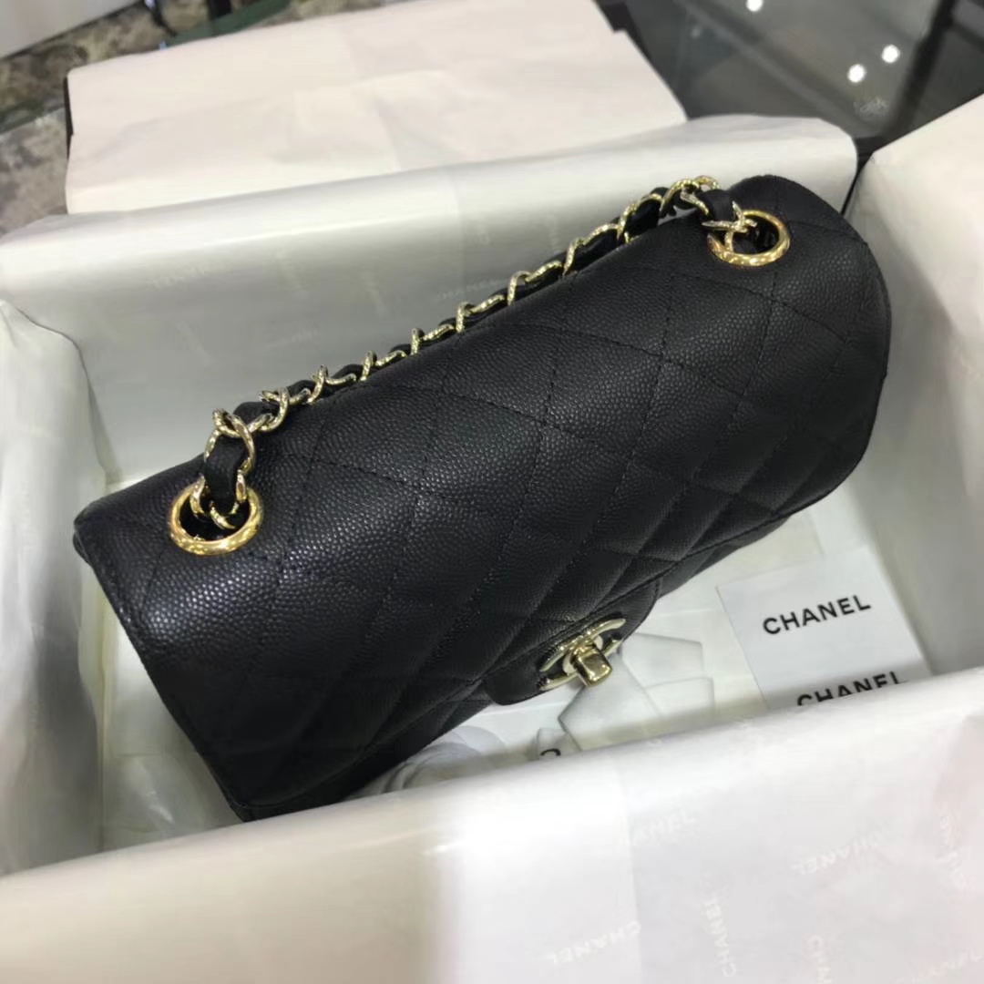 Chanel 香奈儿 CF经典系列  20cm 原厂皮小鱼子酱 黑色 香槟金