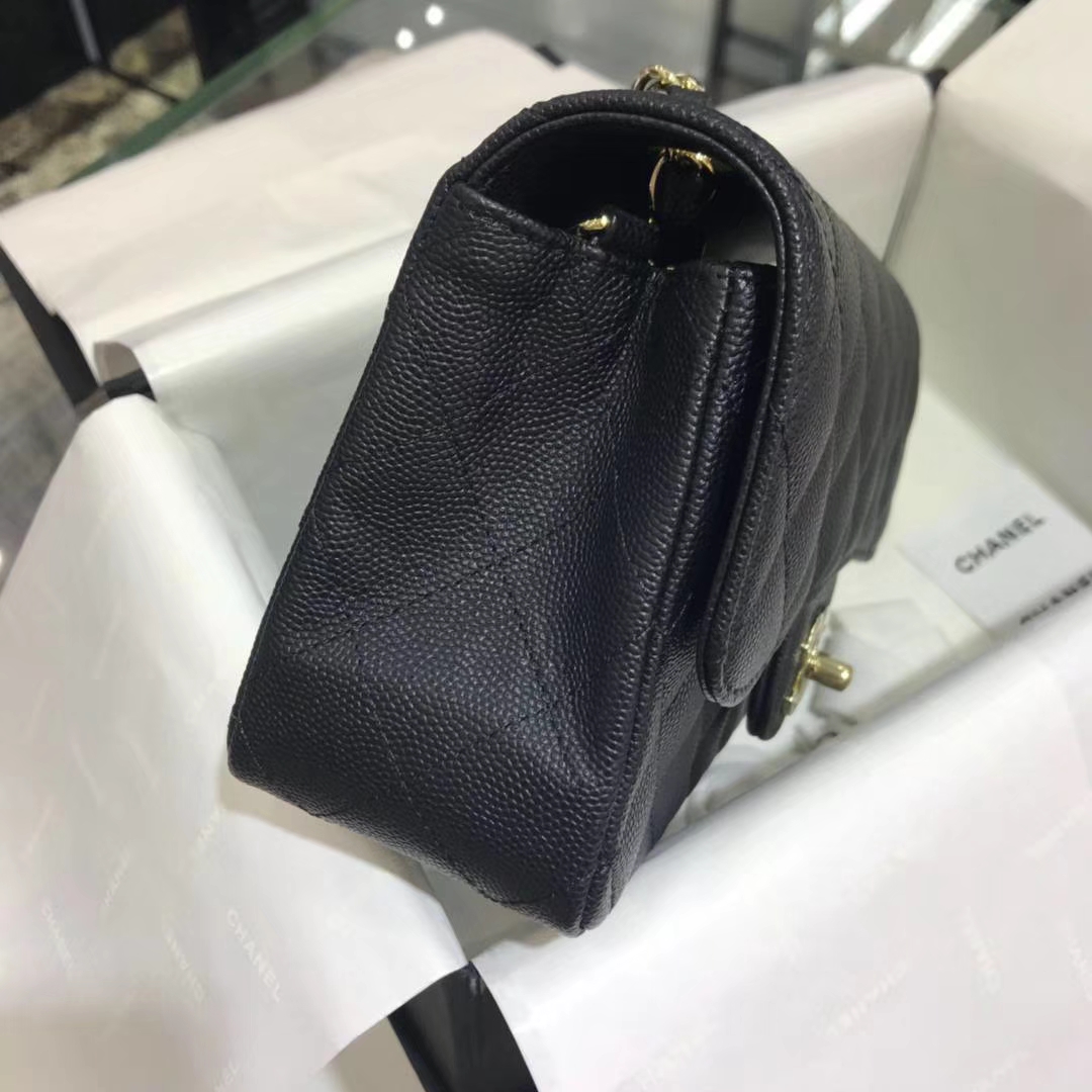 Chanel 香奈儿 CF经典系列  20cm 原厂皮小鱼子酱 黑色 香槟金