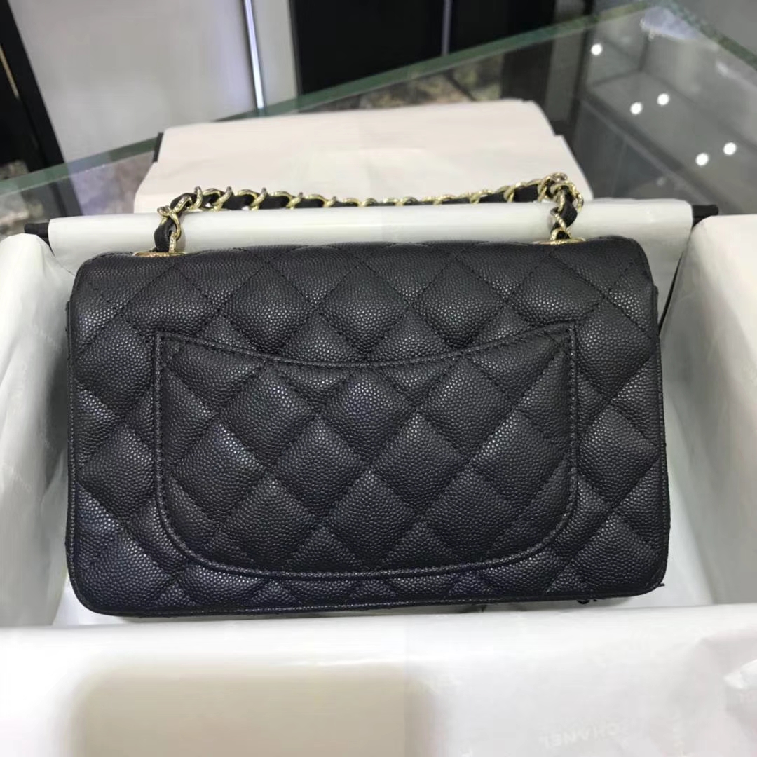 Chanel 香奈儿 CF经典系列  20cm 原厂皮小鱼子酱 黑色 香槟金