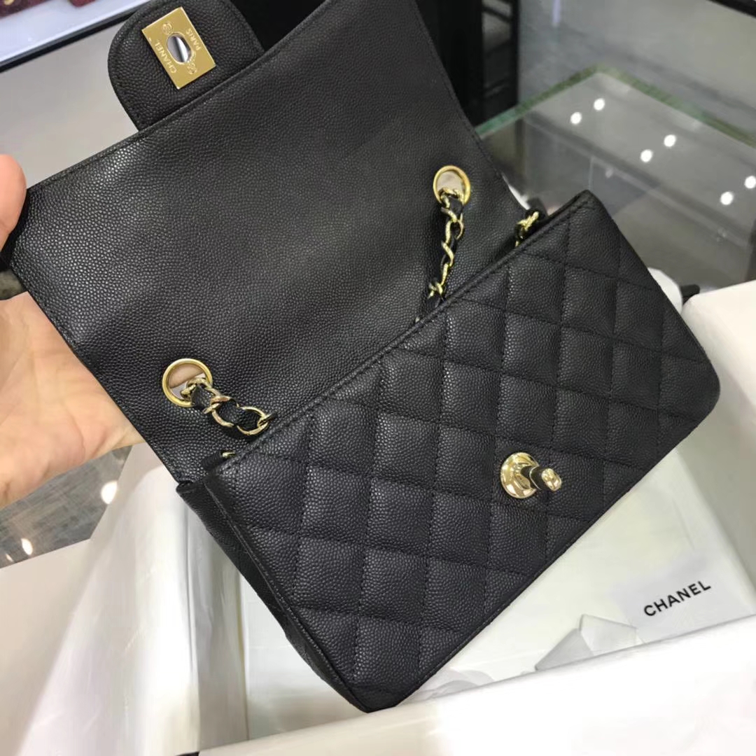 Chanel 香奈儿 CF经典系列  20cm 原厂皮小鱼子酱 黑色 香槟金