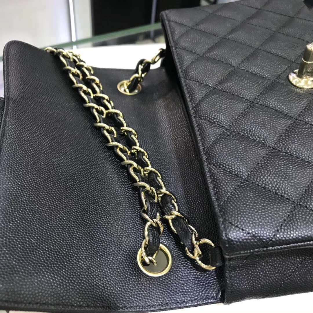 Chanel 香奈儿 CF经典系列  20cm 原厂皮小鱼子酱 黑色 香槟金