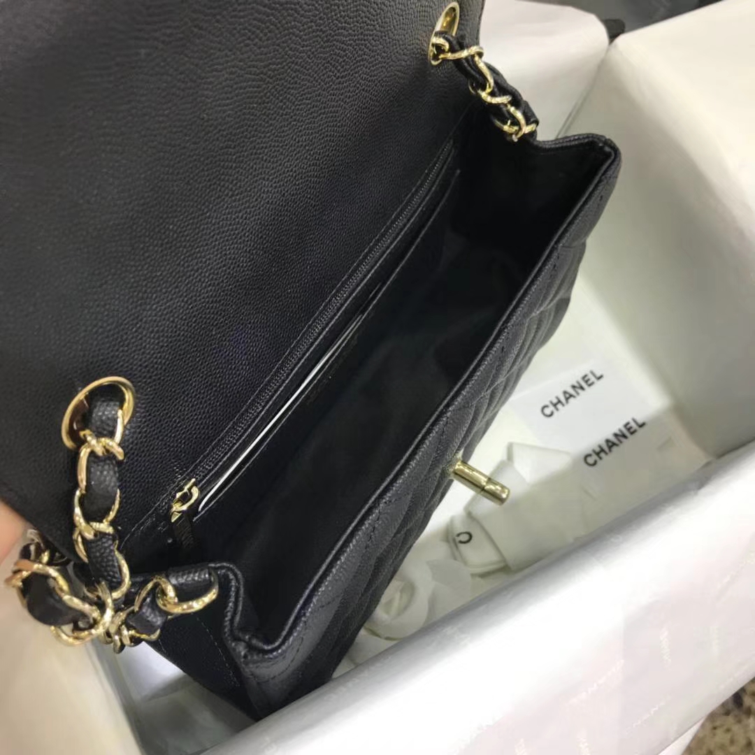 Chanel 香奈儿 CF经典系列  20cm 原厂皮小鱼子酱 黑色 香槟金
