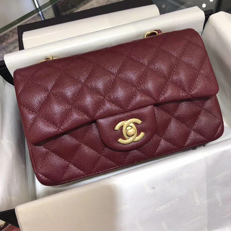 Chanel 香奈儿 Classic Flap Bag 小鱼子酱 20cm 酒红色 磨沙金扣