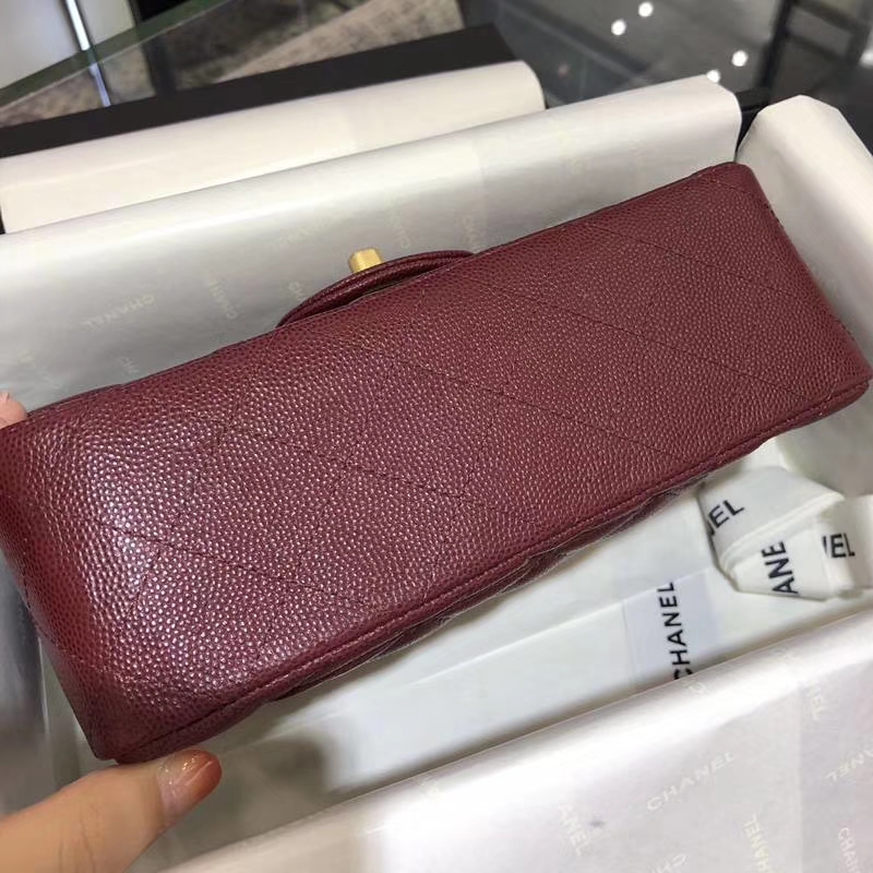 Chanel 香奈儿 Classic Flap Bag 小鱼子酱 20cm 酒红色 磨沙金扣