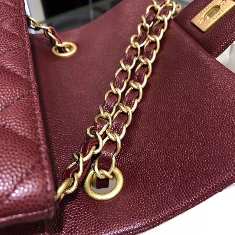 Chanel 香奈儿 Classic Flap Bag 小鱼子酱 20cm 酒红色 磨沙金扣