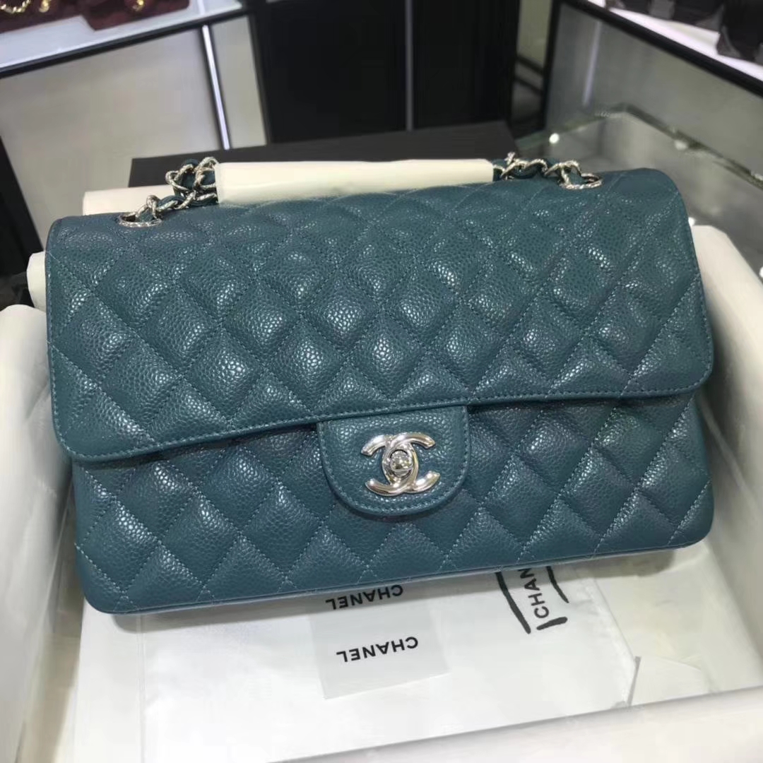 Chanel Classic Flap 25m 原厂皮鱼子酱 翡翠蓝 银扣