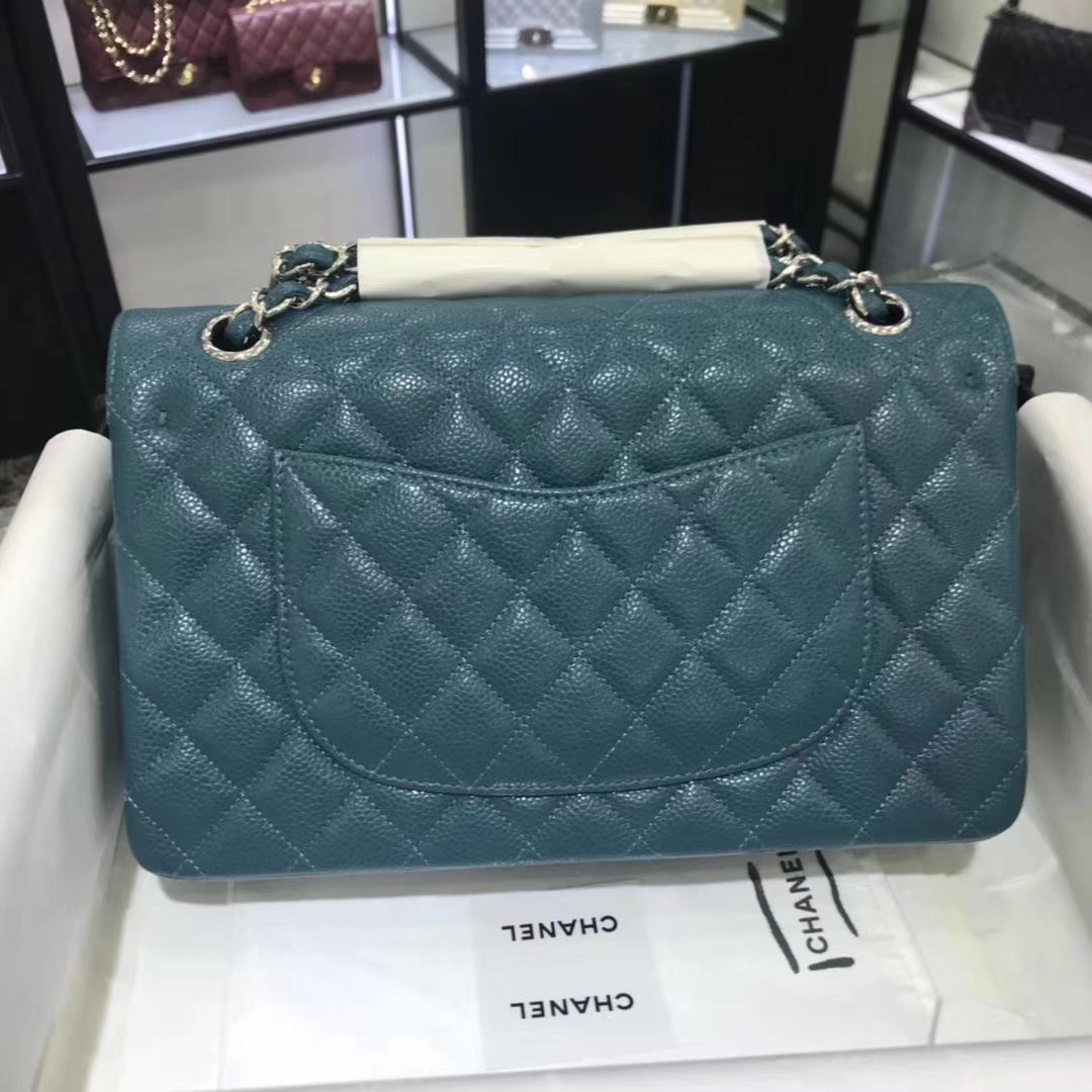 Chanel Classic Flap 25m 原厂皮鱼子酱 翡翠蓝 银扣