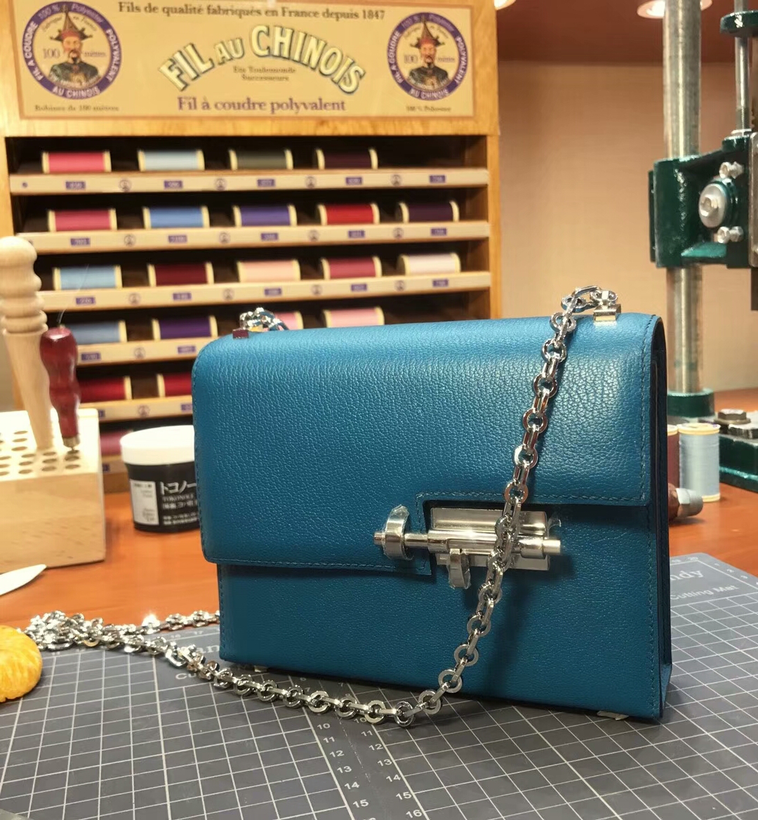 HERMES 爱马仕 手枪包 Verrou Chain 7v lagon 湖水蓝 配全套专柜原版包装