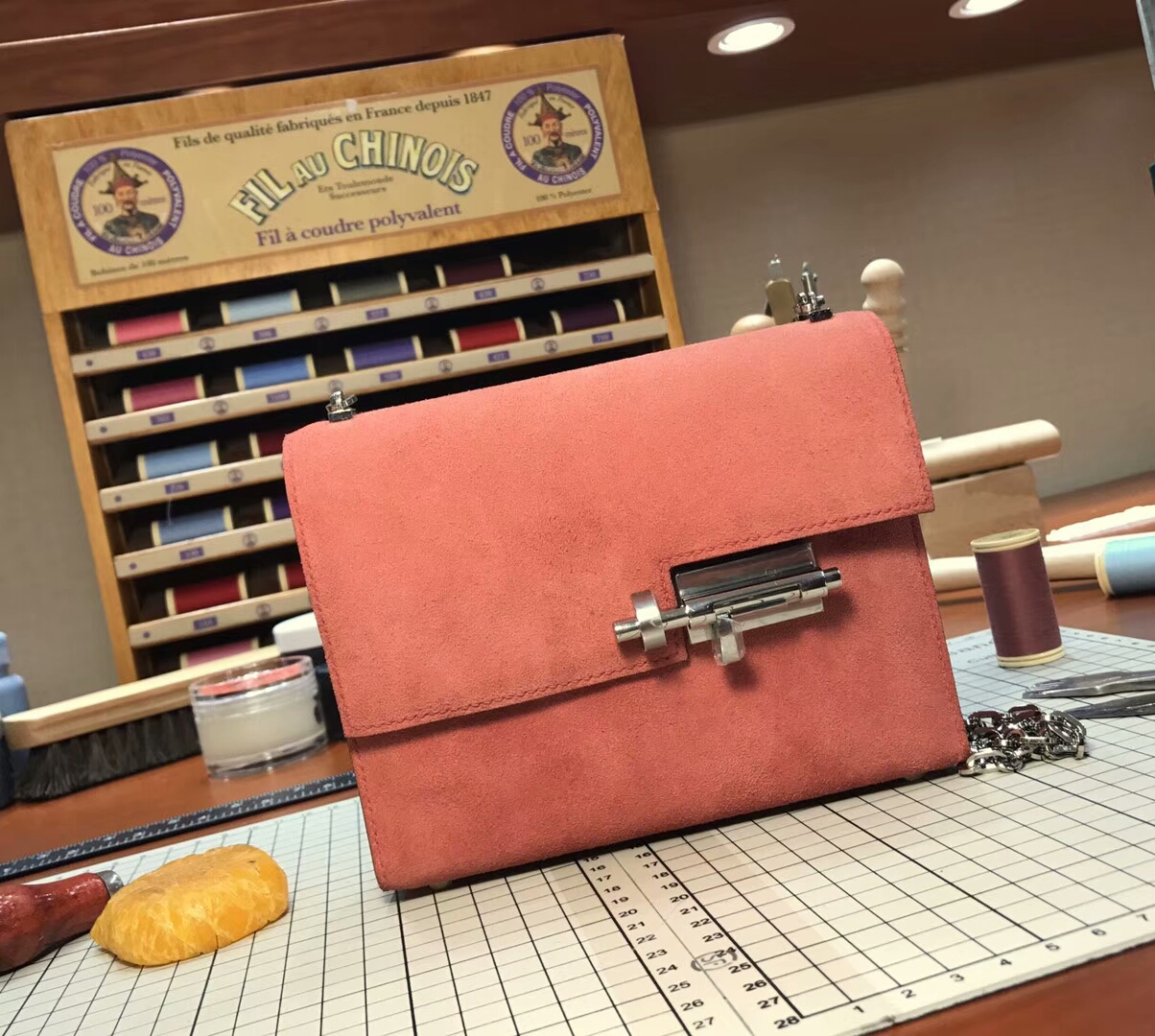 HERMES 爱马仕 手枪包 Verrou Chain 麂皮 翻毛皮 3L 玫瑰茶粉 rose tea 配全套专柜原版包装