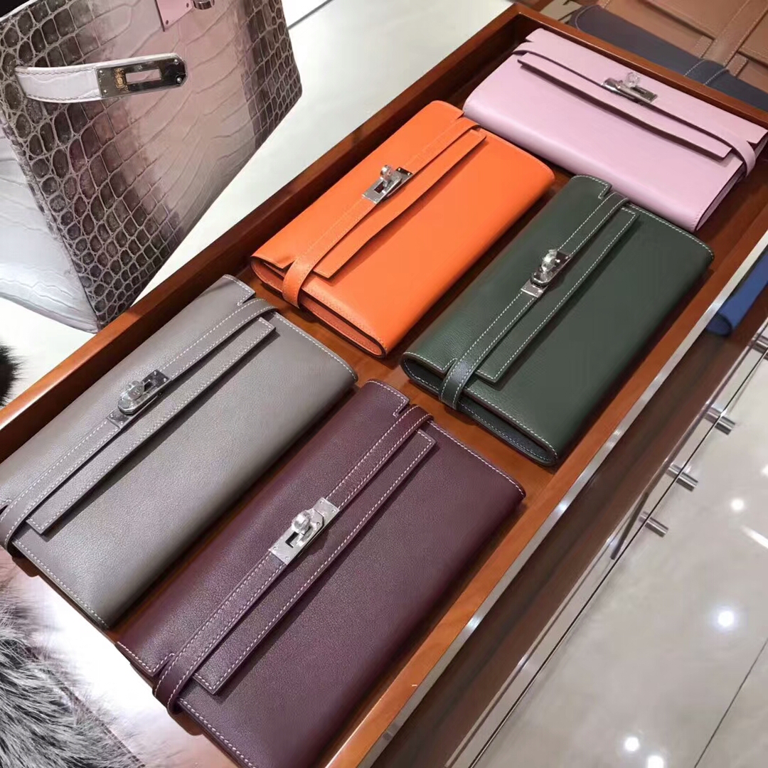 Kelly Wallet 凯莉长款钱包 5p 樱花粉/b5 ruby 宝石红/CC93 Orange 橙色 橘色/8F Etain 银锡灰 锡器灰/6H 橄榄绿 Vert Veronese 配全套专柜原版包装