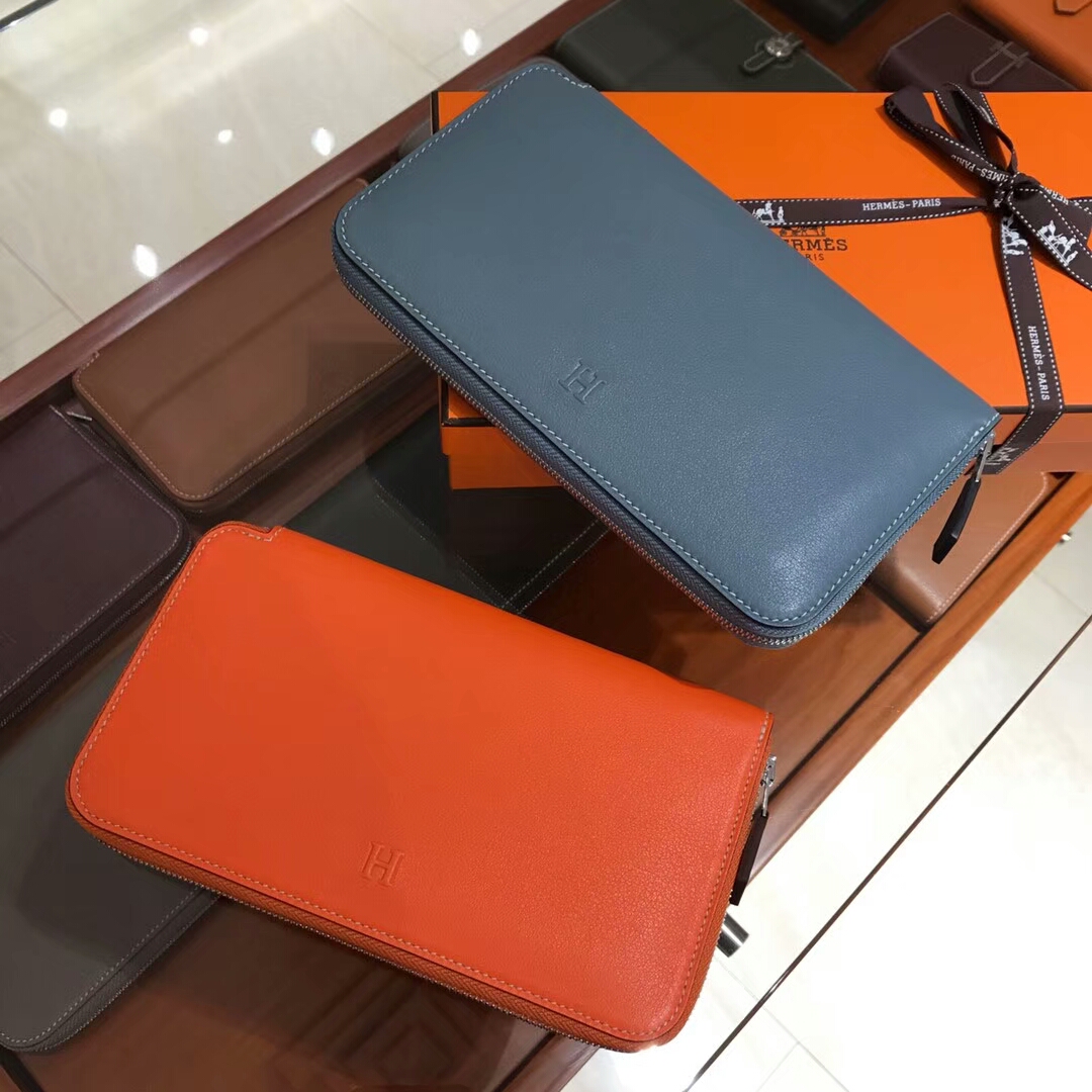 HERMES 长款拉链钱包 CC93 Orange 橙色 橘色/n7 风暴蓝 blue tempete 灰蓝色