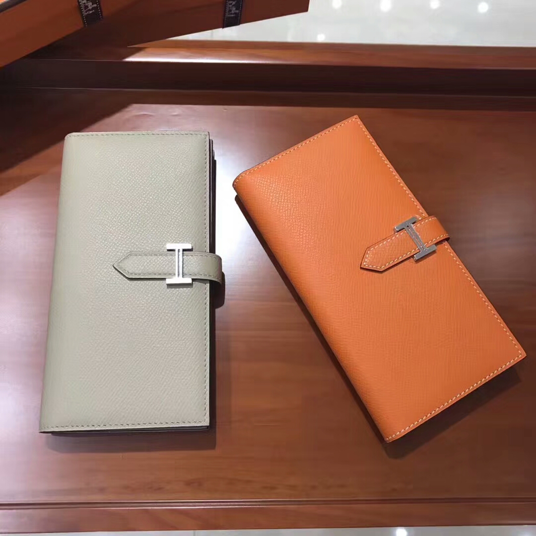 HERMES 爱马仕 Bearn 长款H扣钱包 珍珠灰 pearl grey/CC93 Orange 橙色 橘色
