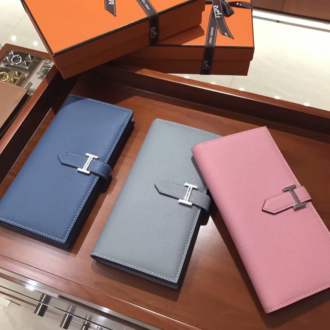 HERMES Bearn 长款H扣钱包 海鸥灰 4z gris mouette/n7 风暴蓝 blue tempete 灰蓝色/5p 樱花粉