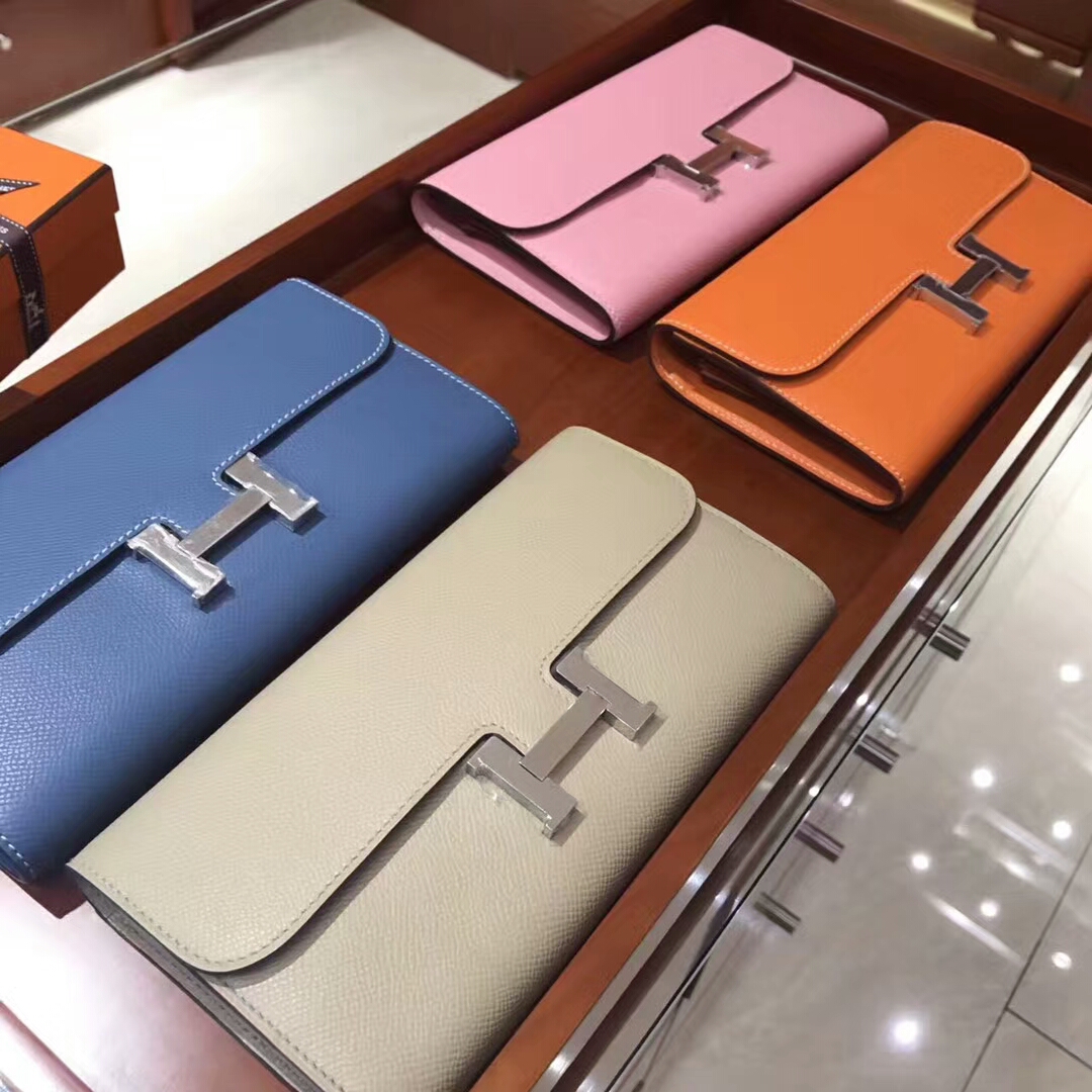 Constance 长款H扣钱包 HERMES 爱马仕 N7 风暴蓝 blue tempete 灰蓝/奶昔白 粉笔白 cc10 craie/5p 樱花粉/CC93 Orange 橙色 橘色