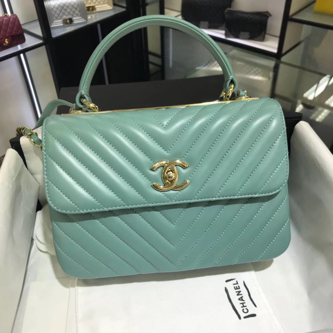 Chanel 香奈儿 Trendy CC 大V 小羊皮 薄荷绿 25cm 香槟金 现货