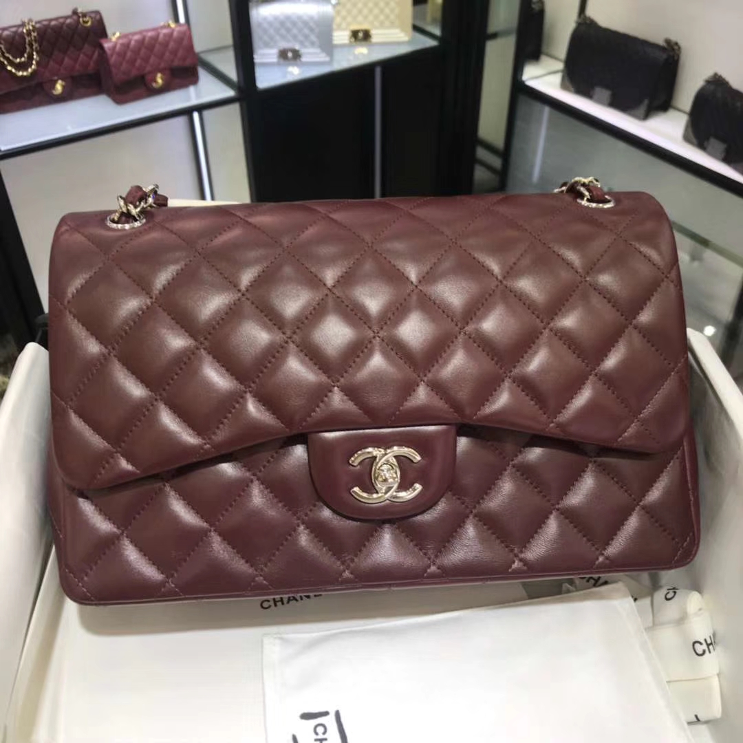 Chanel 香奈儿 Cf系列 30cm 原厂皮小羊皮 枣红色 银色五金