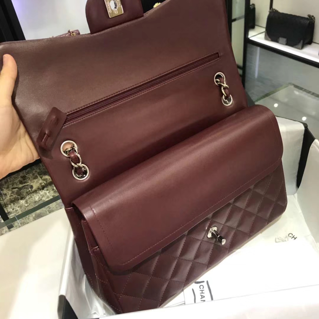Chanel 香奈儿 Cf系列 30cm 原厂皮小羊皮 枣红色 银色五金