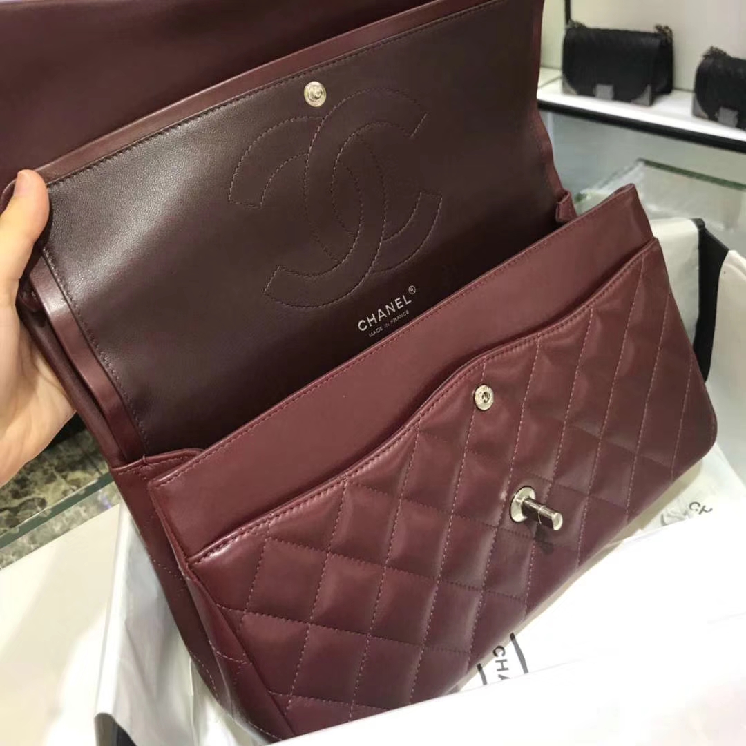 Chanel 香奈儿 Cf系列 30cm 原厂皮小羊皮 枣红色 银色五金