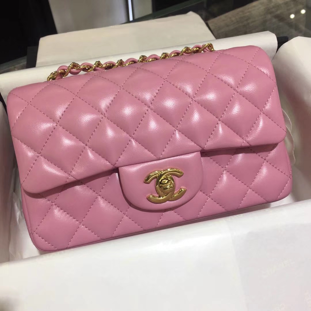 Chanel 香奈儿 CF 经典系列 小羊皮 樱花粉 20cm 金扣