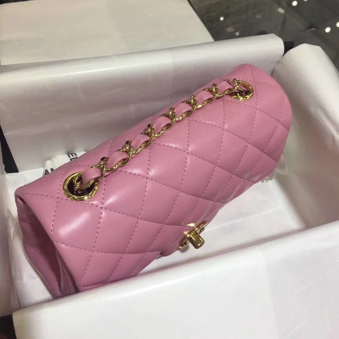 Chanel 香奈儿 CF 经典系列 小羊皮 樱花粉 20cm 金扣