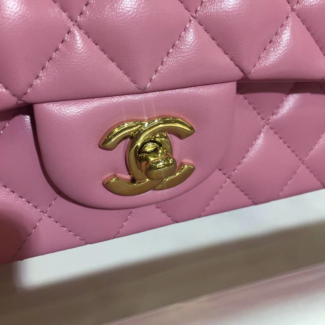 Chanel 香奈儿 CF 经典系列 小羊皮 樱花粉 20cm 金扣