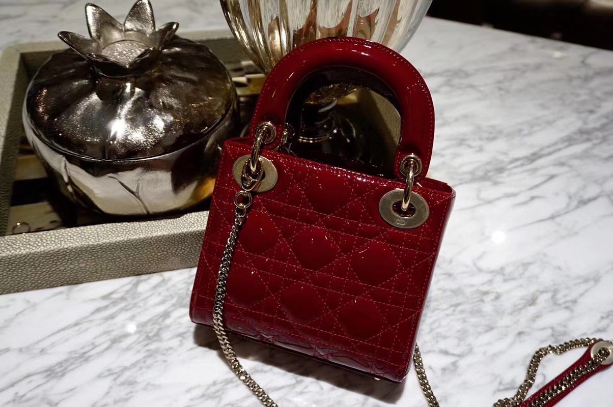 Dior 迪奥 戴妃包 Lady Dior 小号17cm漆皮 车厘子色 金扣