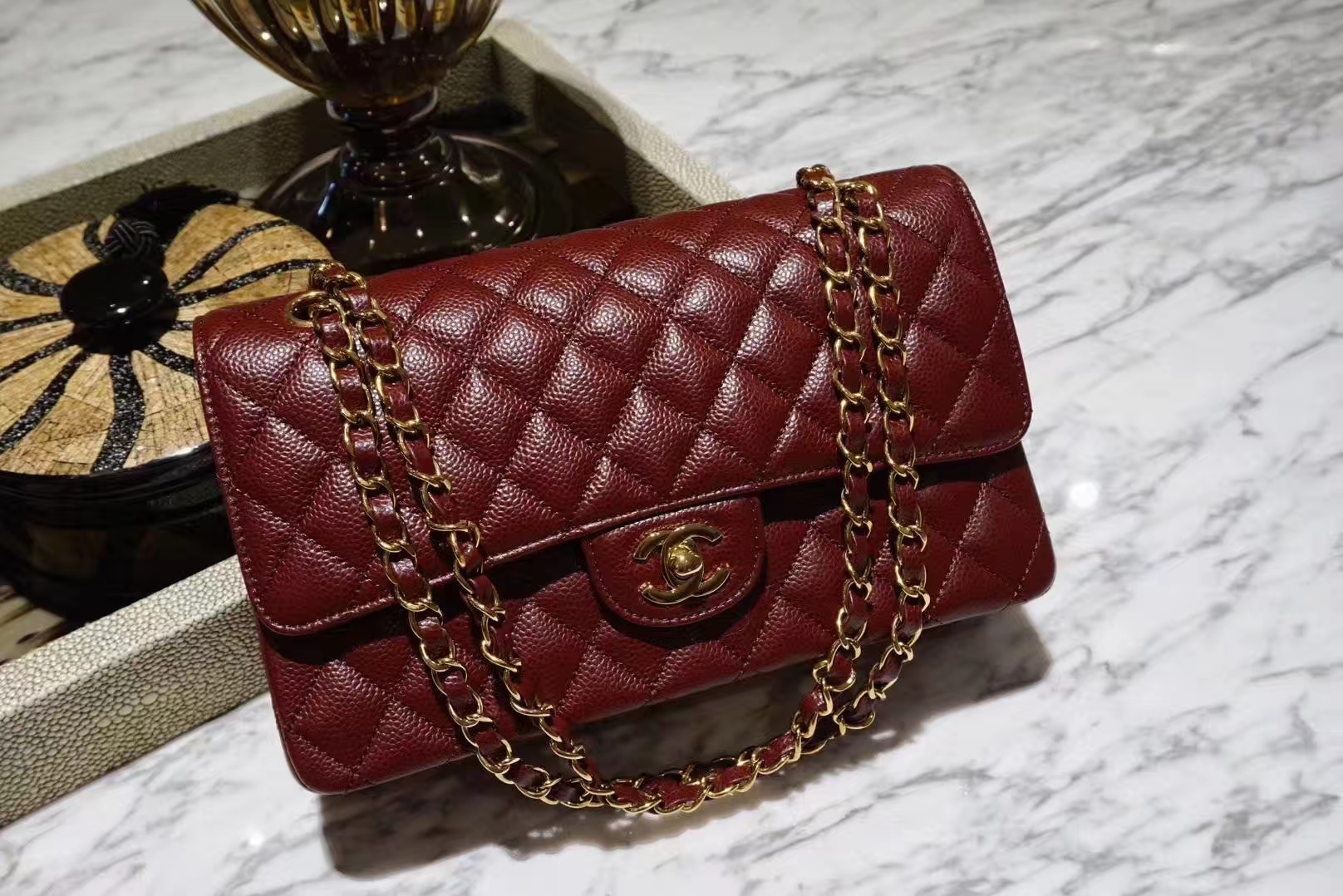 Chanel 香奈儿 Cf系列 25cm 原厂皮鱼子酱 枣红色 金色五金