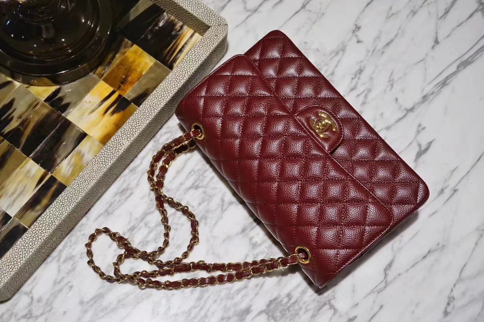 Chanel 香奈儿 Cf系列 25cm 原厂皮鱼子酱 枣红色 金色五金