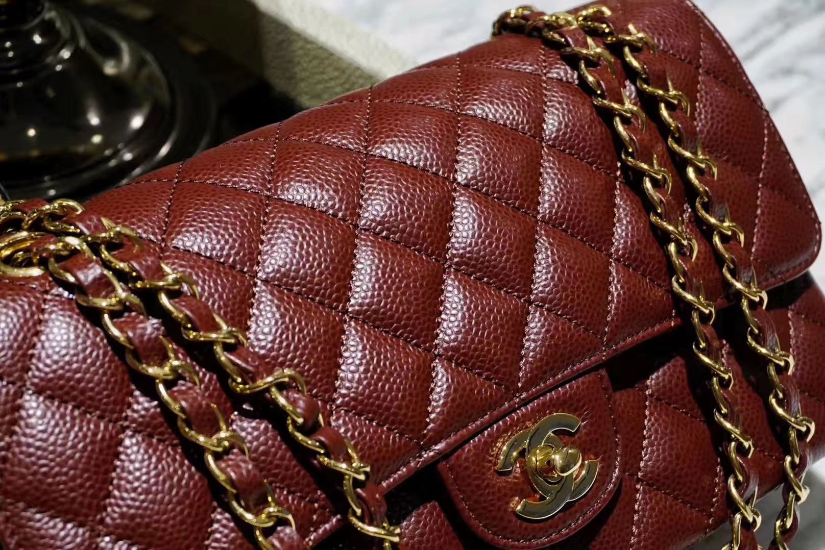 Chanel 香奈儿 Cf系列 25cm 原厂皮鱼子酱 枣红色 金色五金