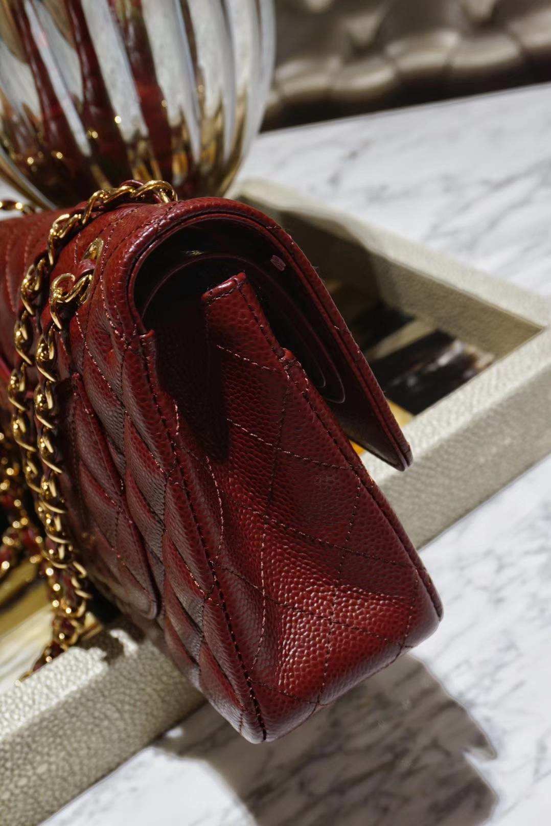 Chanel 香奈儿 Cf系列 25cm 原厂皮鱼子酱 枣红色 金色五金