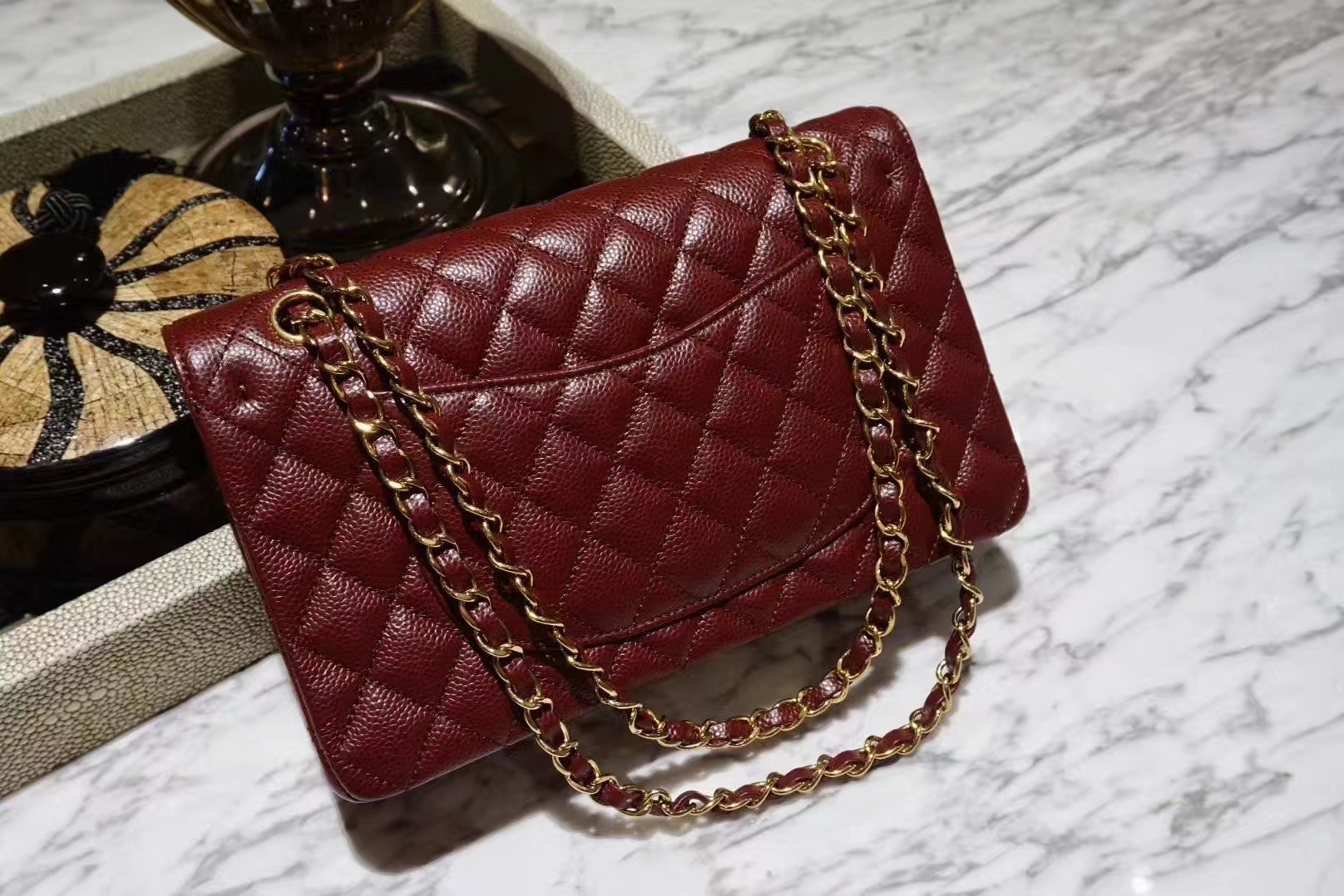Chanel 香奈儿 Cf系列 25cm 原厂皮鱼子酱 枣红色 金色五金