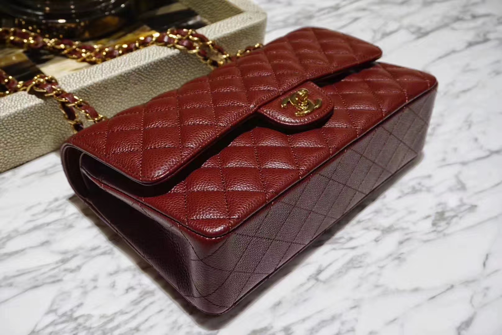 Chanel 香奈儿 Cf系列 25cm 原厂皮鱼子酱 枣红色 金色五金