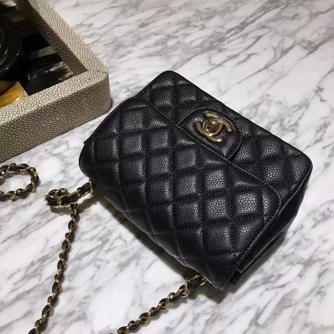 Chanel 香奈儿 方胖子 CF系列 17cm 原厂皮鱼子酱 黑色 金色五金