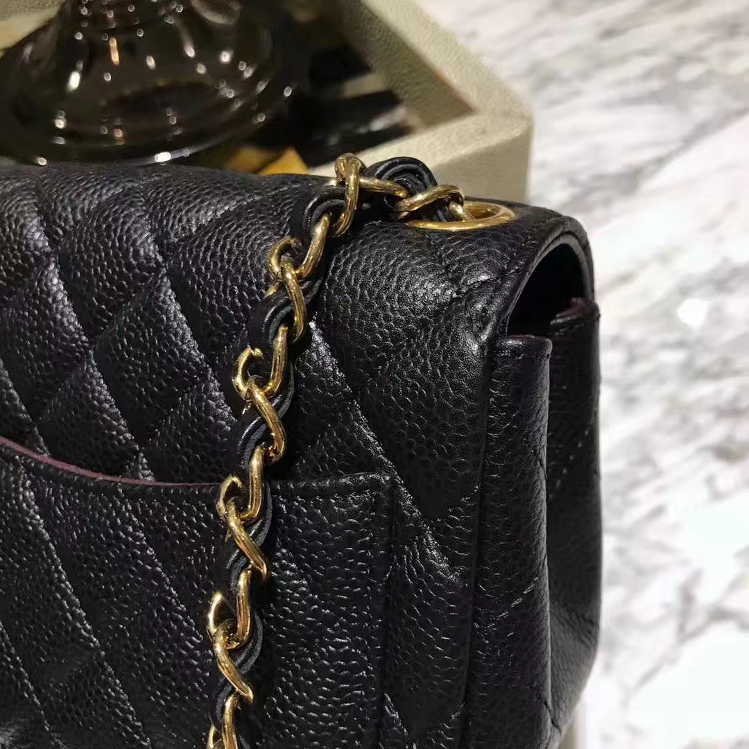 Chanel 香奈儿 方胖子 CF系列 17cm 原厂皮鱼子酱 黑色 金色五金