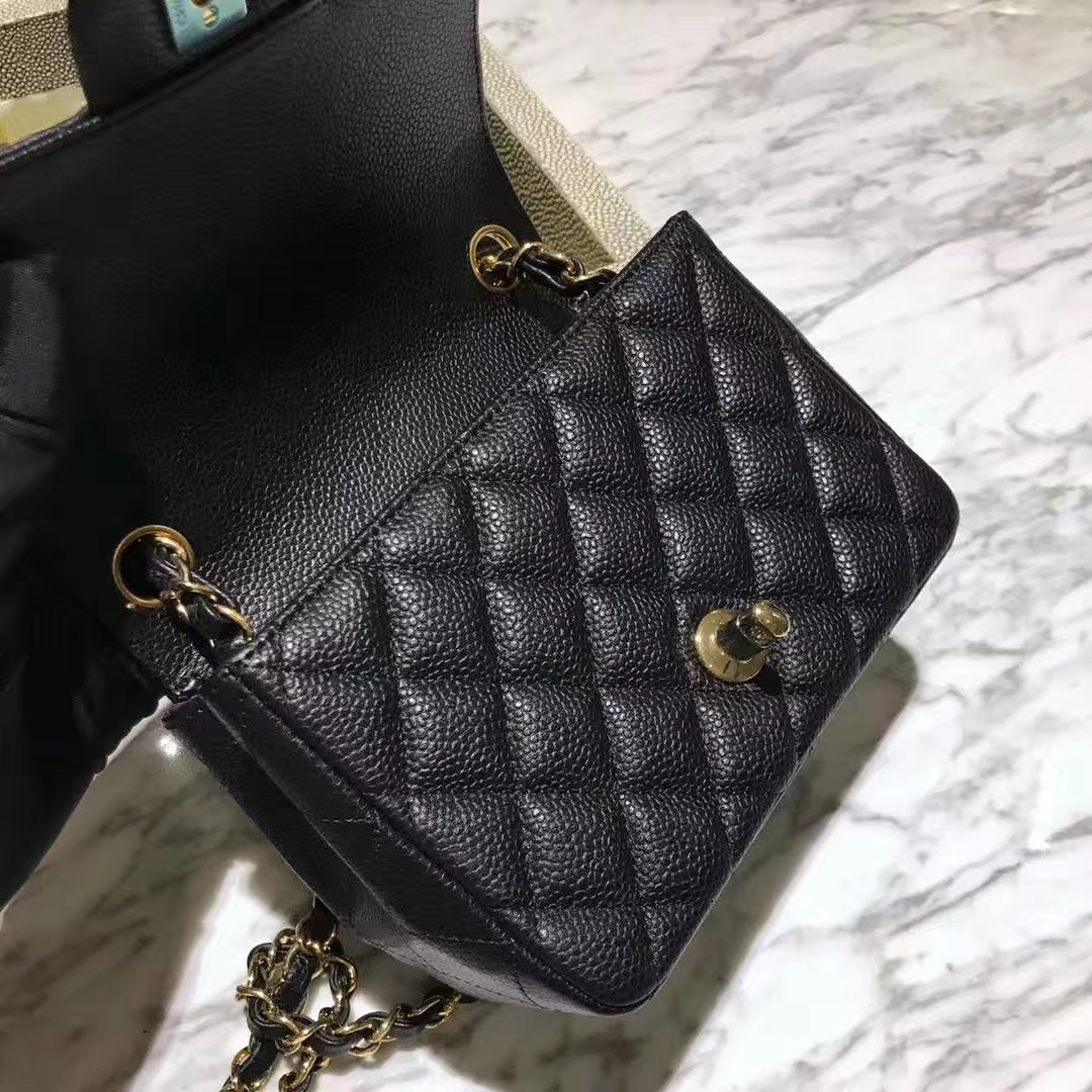 Chanel 香奈儿 方胖子 CF系列 17cm 原厂皮鱼子酱 黑色 金色五金